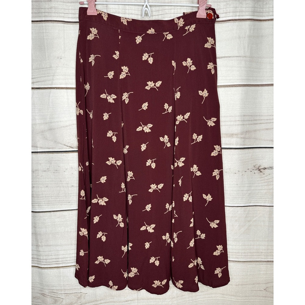 Liz Claiborne Midi Skirt Women Petite S Burgundy Leaf Print Rayon A-Line Zip